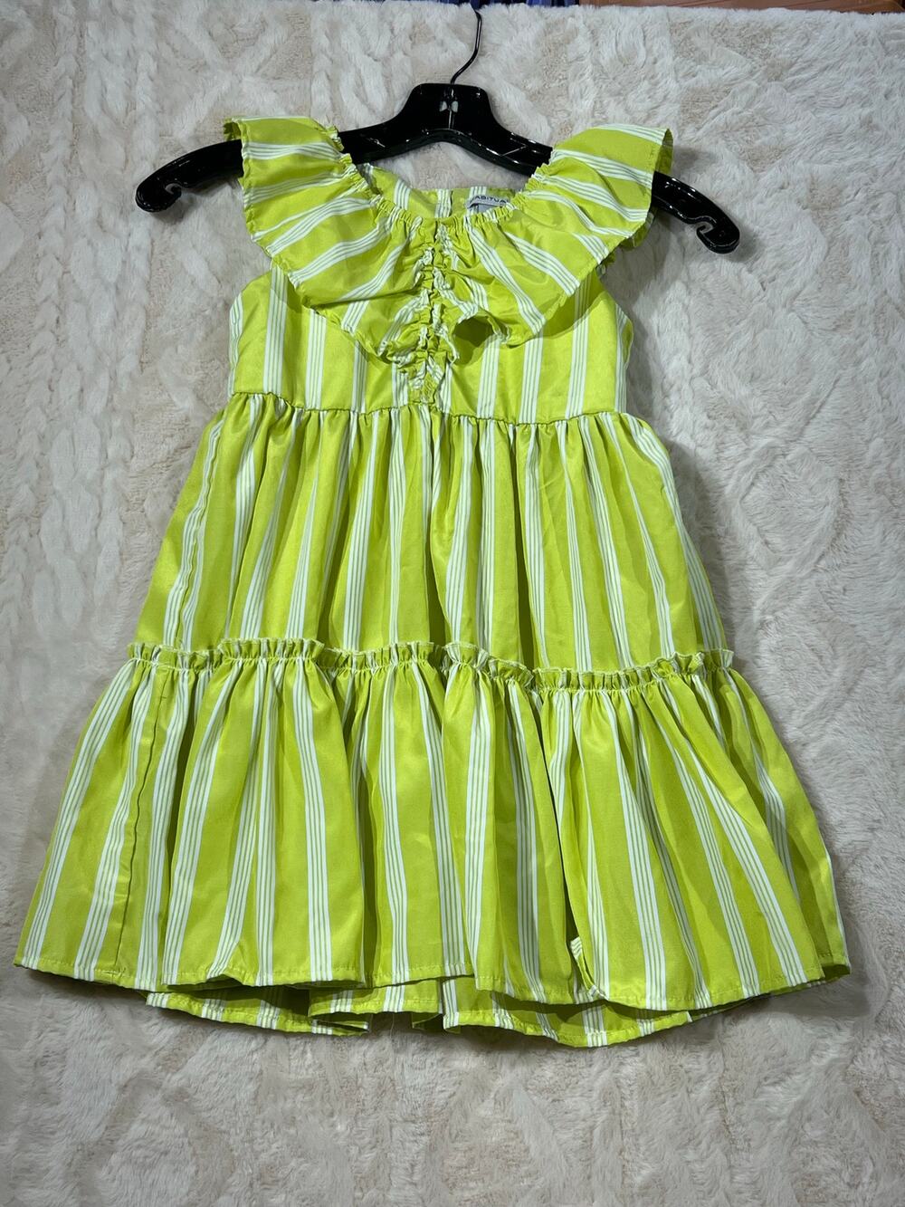 Habitual Girls Size 6 Lime Green Striped Ruffle Tiered Dress NWT
